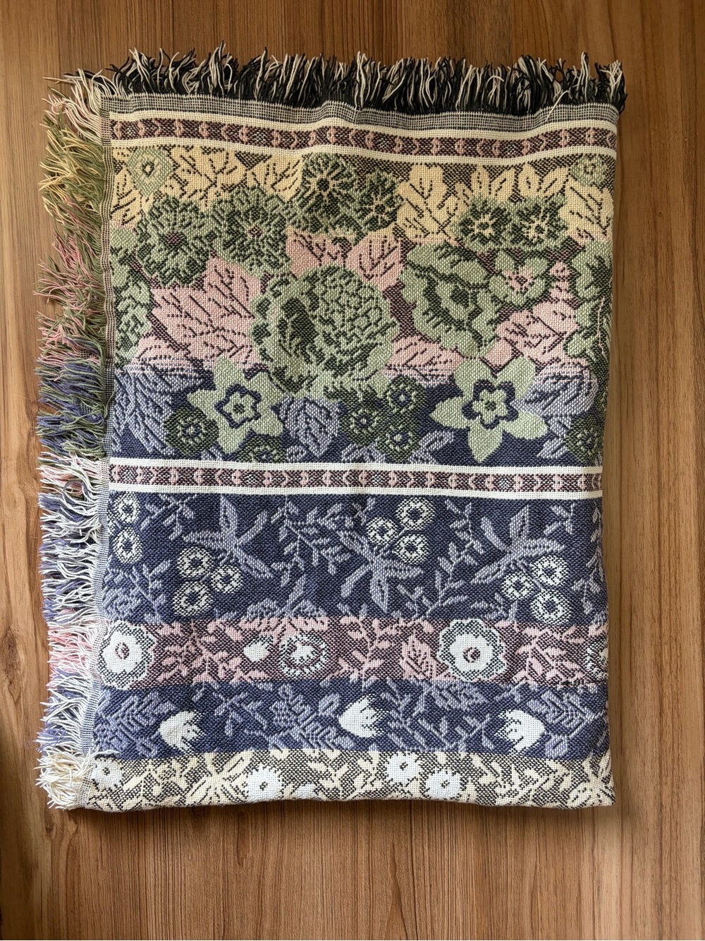 Woven Floral Fringe Throw Blanket - Pink, Green, Purple